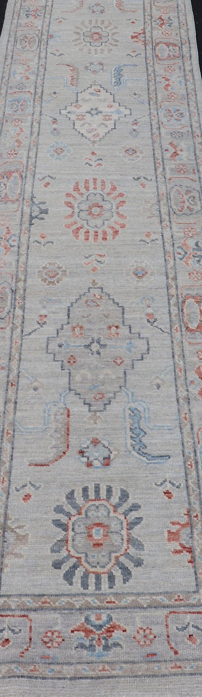 Hand Knotted Modern Oushak With Coral and Blue Motifs on Light Gray Background Hand - knotted Oushak runner fearing bright coral and blue tribal and floral motifs on a cool gray background. Measures: 2'5 x 11'7 Keivan Woven Arts: r... - Keivan Woven ArtsAWR - 6361 - 20067Rug