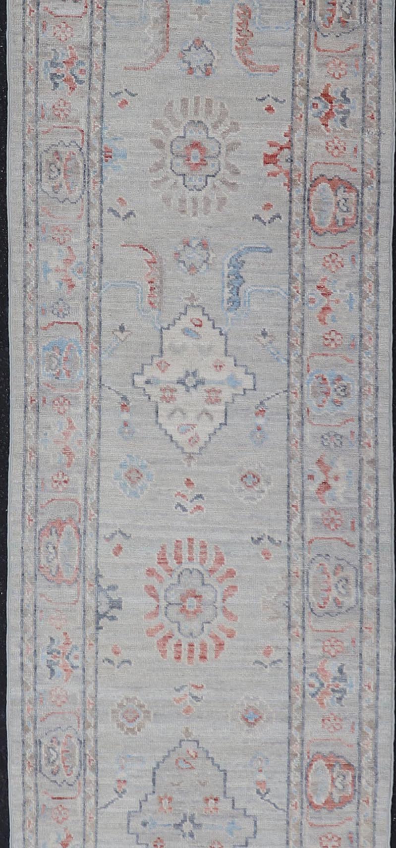 Hand Knotted Modern Oushak With Coral and Blue Motifs on Light Gray Background Hand - knotted Oushak runner fearing bright coral and blue tribal and floral motifs on a cool gray background. Measures: 2'5 x 11'7 Keivan Woven Arts: r... - Keivan Woven ArtsAWR - 6361 - 20067Rug