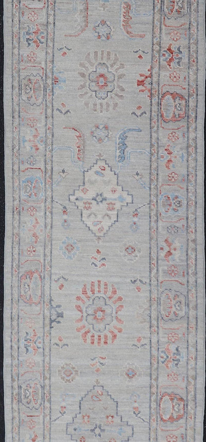 Hand Knotted Modern Oushak With Coral and Blue Motifs on Light Gray Background Hand - knotted Oushak runner fearing bright coral and blue tribal and floral motifs on a cool gray background. Measures: 2'5 x 11'7 Keivan Woven Arts: r... - Keivan Woven ArtsAWR - 6361 - 20067Rug