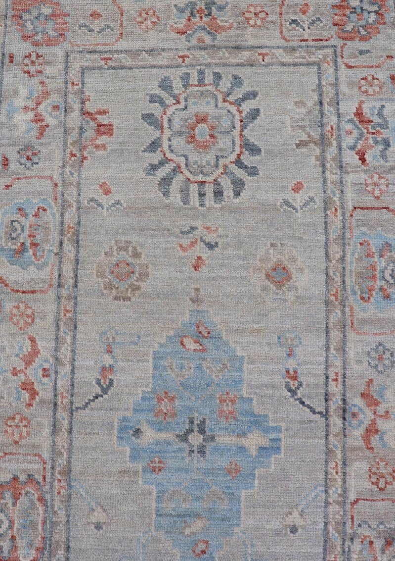 Hand Knotted Modern Oushak With Coral and Blue Motifs on Light Gray Background Hand - knotted Oushak runner fearing bright coral and blue tribal and floral motifs on a cool gray background. Measures: 2'5 x 11'7 Keivan Woven Arts: r... - Keivan Woven ArtsAWR - 6361 - 20067Rug
