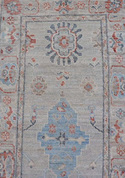 Hand Knotted Modern Oushak With Coral and Blue Motifs on Light Gray Background Hand - knotted Oushak runner fearing bright coral and blue tribal and floral motifs on a cool gray background. Measures: 2'5 x 11'7 Keivan Woven Arts: r... - Keivan Woven ArtsAWR - 6361 - 20067Rug