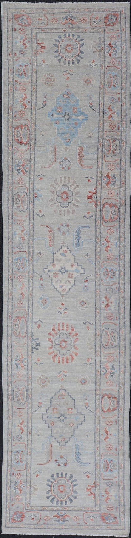 Hand Knotted Modern Oushak With Coral and Blue Motifs on Light Gray Background Hand - knotted Oushak runner fearing bright coral and blue tribal and floral motifs on a cool gray background. Measures: 2'5 x 11'7 Keivan Woven Arts: r... - Keivan Woven ArtsAWR - 6361 - 20067Rug