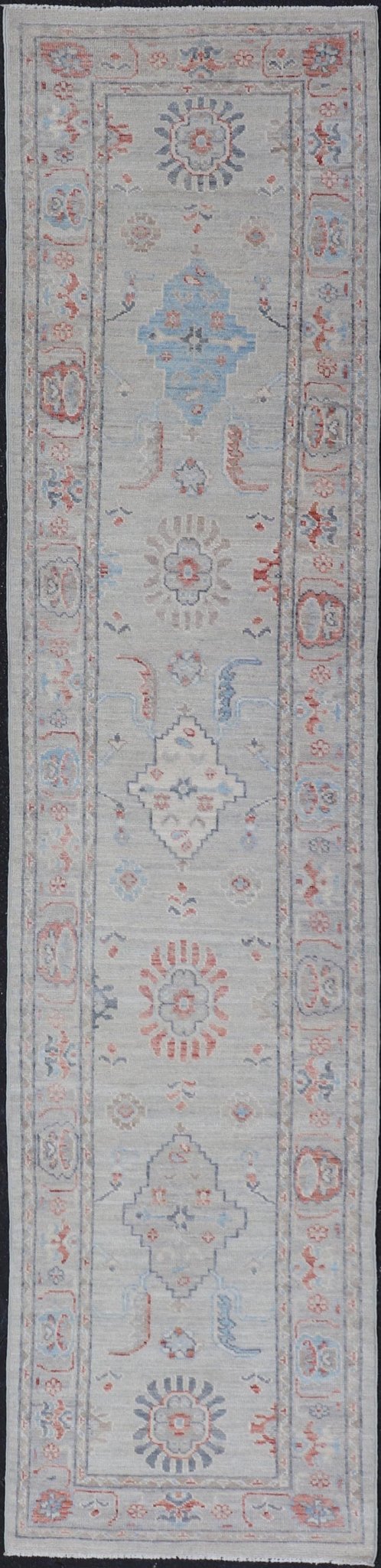 Hand Knotted Modern Oushak With Coral and Blue Motifs on Light Gray Background Hand - knotted Oushak runner fearing bright coral and blue tribal and floral motifs on a cool gray background. Measures: 2'5 x 11'7 Keivan Woven Arts: r... - Keivan Woven ArtsAWR - 6361 - 20067Rug