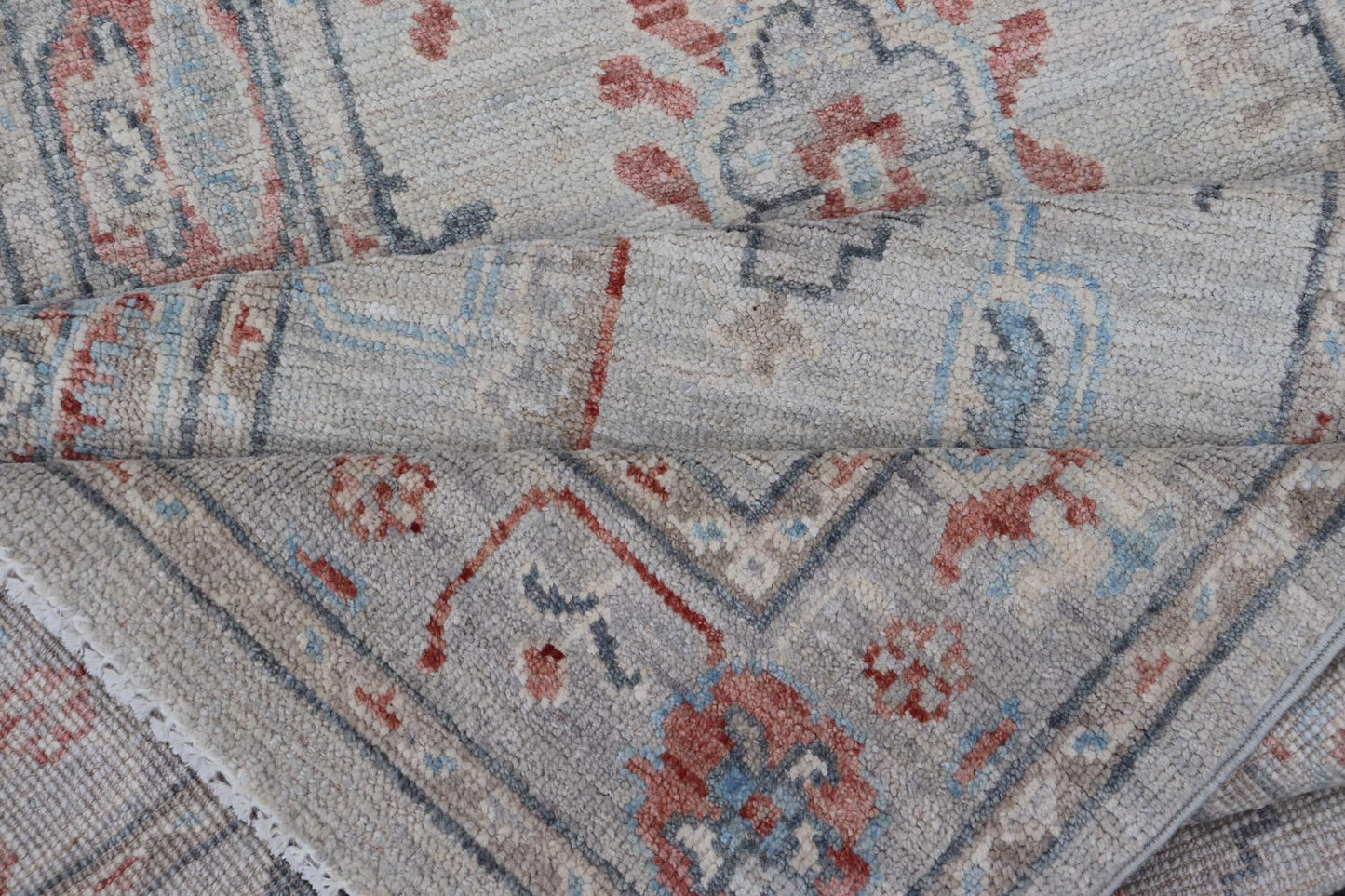 Hand Knotted Modern Oushak With Coral and Blue Motifs on Light Gray Background Hand - knotted Oushak runner fearing bright coral and blue tribal and floral motifs on a cool gray background. Measures: 2'5 x 11'7 Keivan Woven Arts: r... - Keivan Woven ArtsAWR - 6361 - 20067Rug