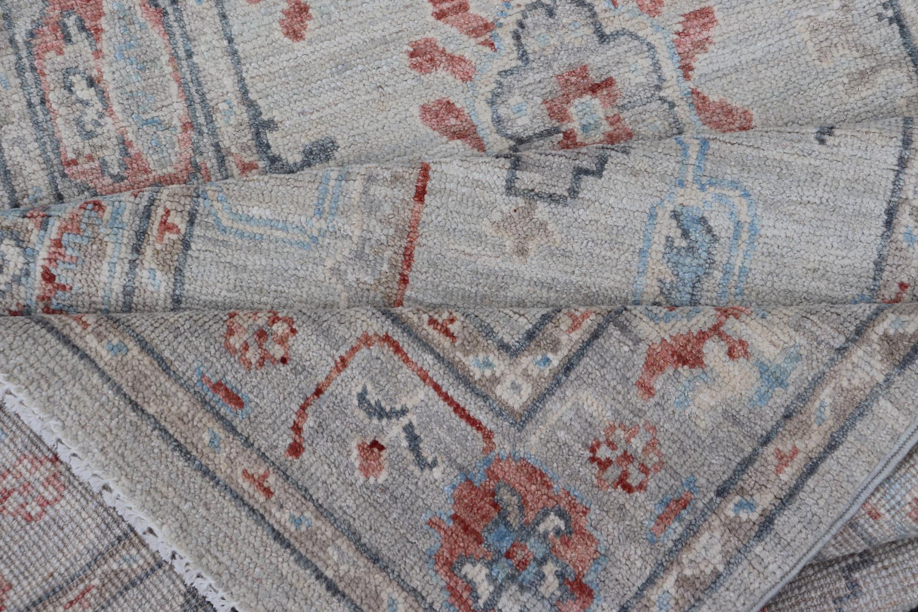Hand Knotted Modern Oushak With Coral and Blue Motifs on Light Gray Background Hand - knotted Oushak runner fearing bright coral and blue tribal and floral motifs on a cool gray background. Measures: 2'5 x 11'7 Keivan Woven Arts: r... - Keivan Woven ArtsAWR - 6361 - 20067Rug