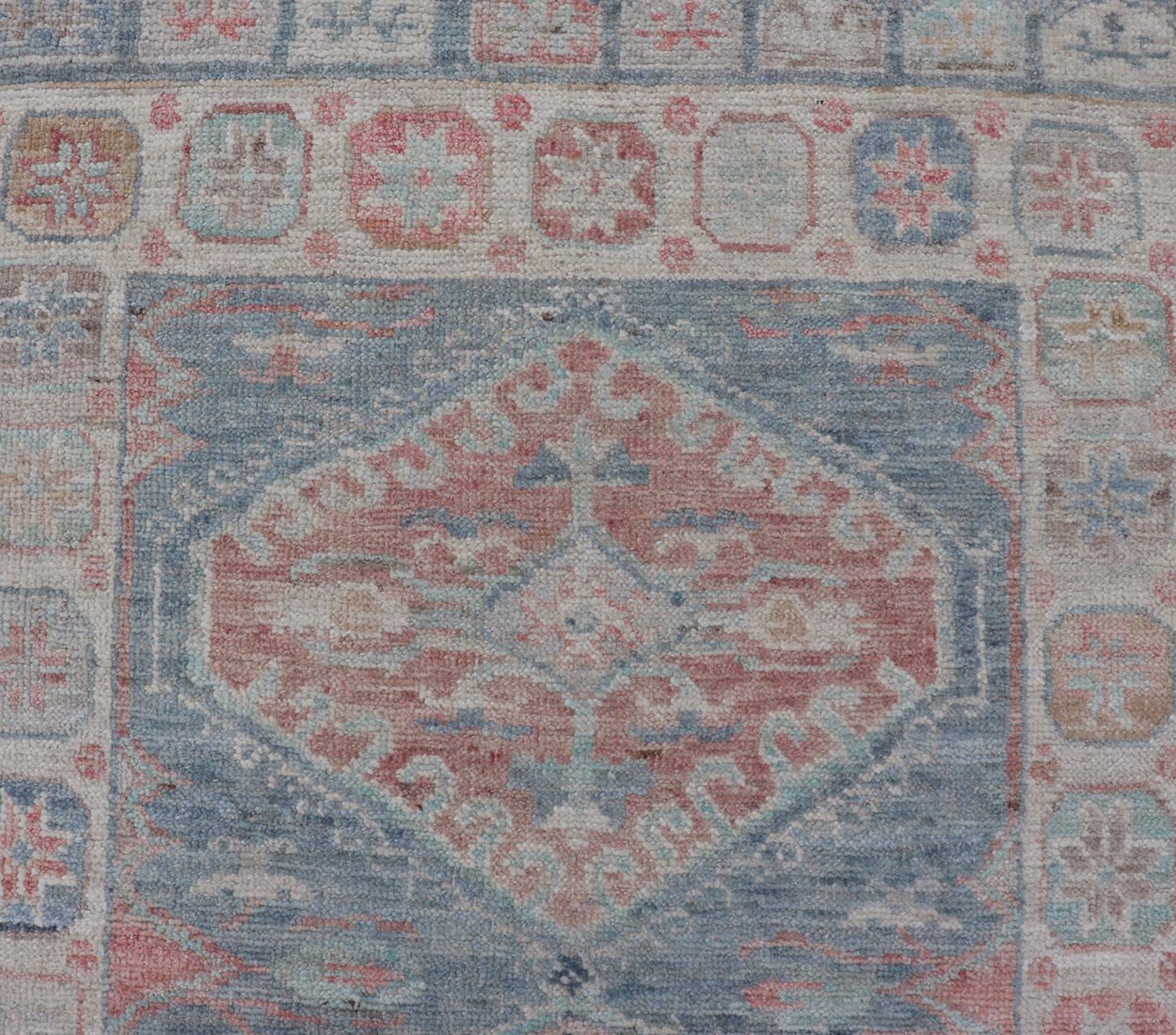 Medallion Designed Modern Oushak with Light Blue Background and Cream Border This modern Oushak features large medallions in the center of a light blue background, centering around shades of blue, coral, and light green. The border features seve... - Keivan Woven ArtsAWR - 6363 - 20073Rug