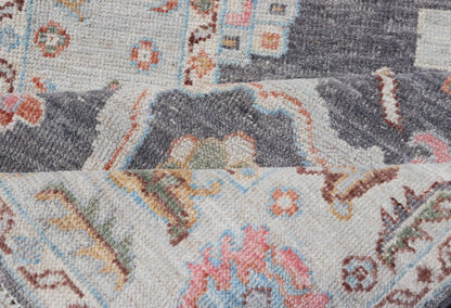 Hand Knotted Afghan Oushak Designed Runner with Gray Background This Afghan Oushak runner features a grand motif, showcasing from the border to the field with a vibrant elegance that pops against the light blue - gray border, as well as the charc... - Keivan Woven ArtsAWR - 6463 - 19911Rug
