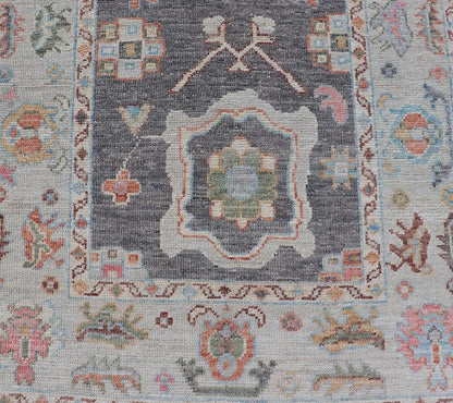 Hand Knotted Afghan Oushak Designed Runner with Gray Background This Afghan Oushak runner features a grand motif, showcasing from the border to the field with a vibrant elegance that pops against the light blue - gray border, as well as the charc... - Keivan Woven ArtsAWR - 6463 - 19911Rug