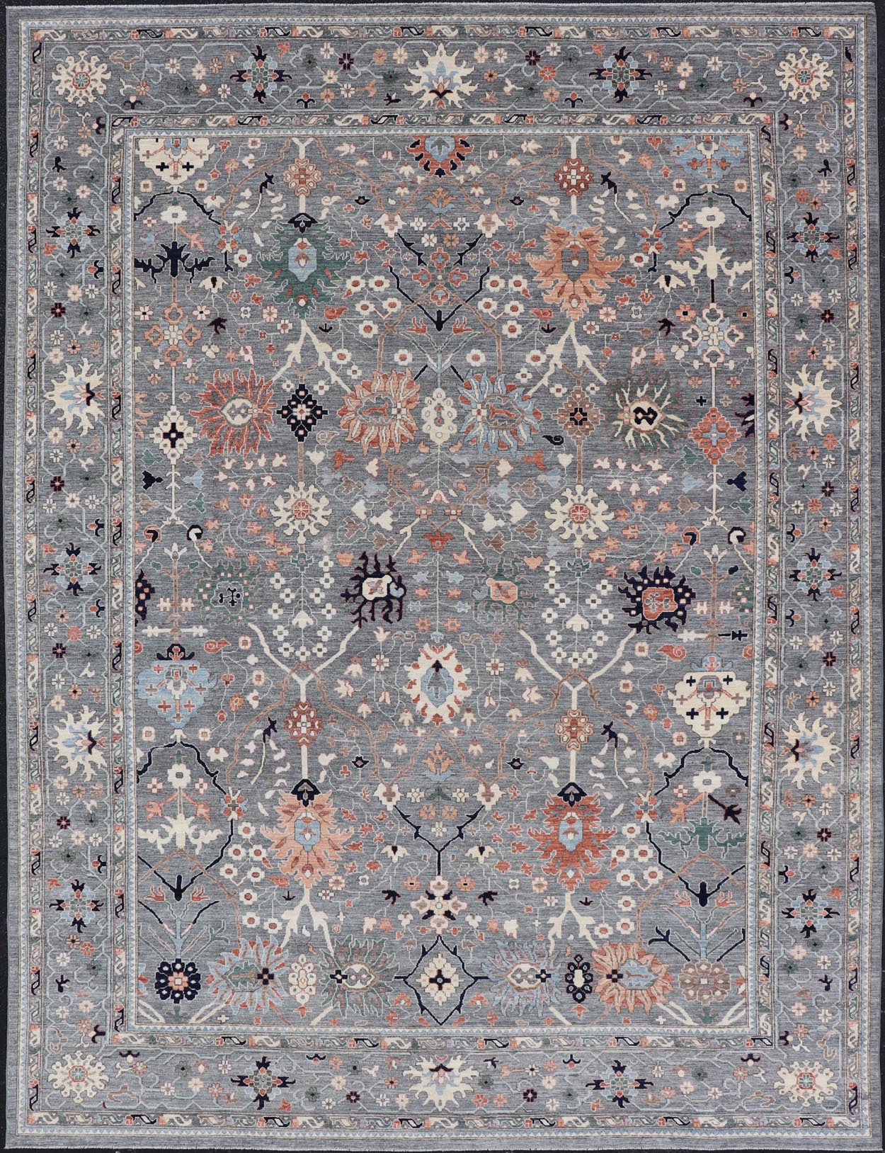Large Afghan All - Over Designed Oushak with Gray Background and Bright Motifs This large Oushak was hand knotted in Afghanistan. Known for their floral - inspired motifs, this piece has a more modern feel with bright corals, pinks, greens and ... - Keivan Woven ArtsAWR - 6519 - 19917