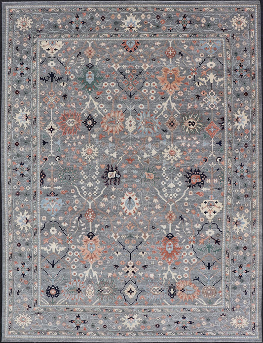 Large Afghan All - Over Designed Oushak with Gray Background and Bright Motifs This large Oushak was hand knotted in Afghanistan. Known for their floral - inspired motifs, this piece has a more modern feel with bright corals, pinks, greens and ... - Keivan Woven ArtsAWR - 6519 - 19917