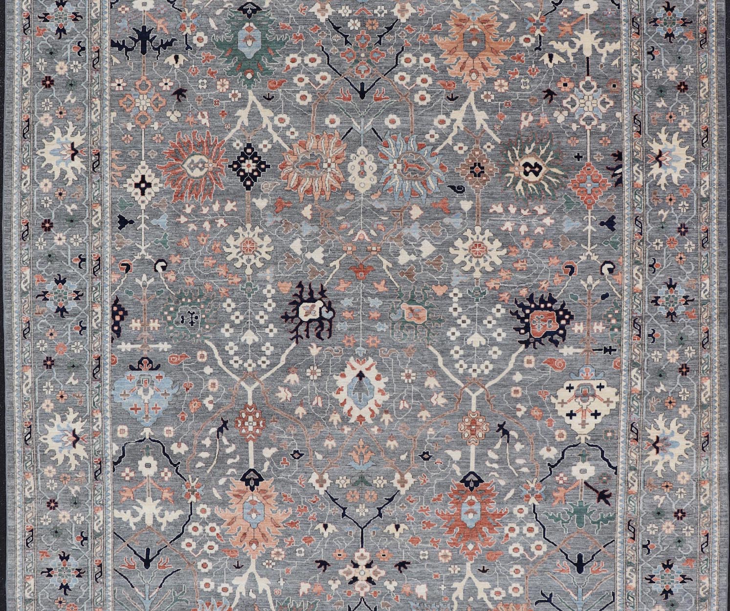 Large Afghan All - Over Designed Oushak with Gray Background and Bright Motifs This large Oushak was hand knotted in Afghanistan. Known for their floral - inspired motifs, this piece has a more modern feel with bright corals, pinks, greens and ... - Keivan Woven ArtsAWR - 6519 - 19917Rug
