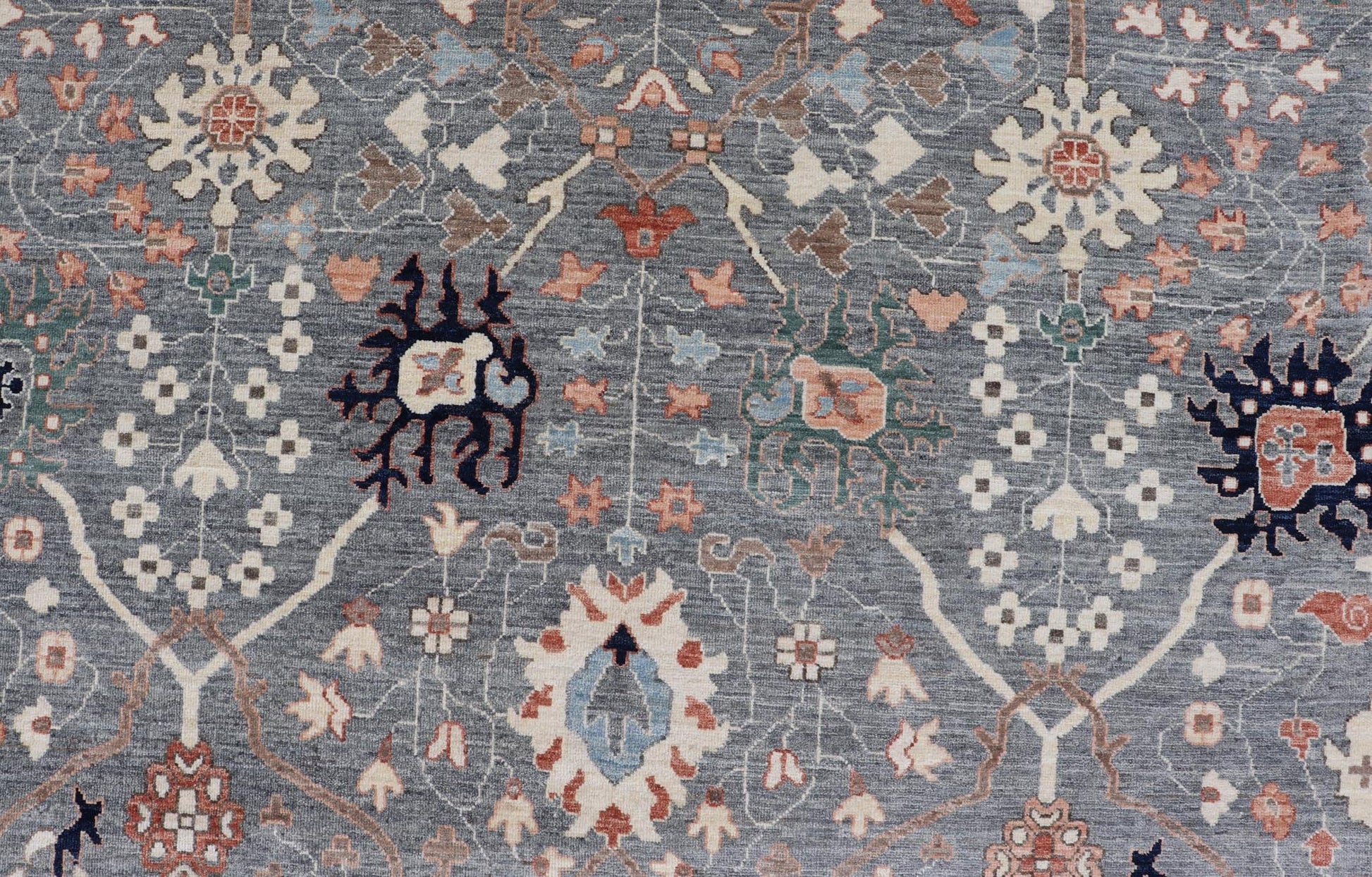 Large Afghan All - Over Designed Oushak with Gray Background and Bright Motifs This large Oushak was hand knotted in Afghanistan. Known for their floral - inspired motifs, this piece has a more modern feel with bright corals, pinks, greens and ... - Keivan Woven ArtsAWR - 6519 - 19917Rug