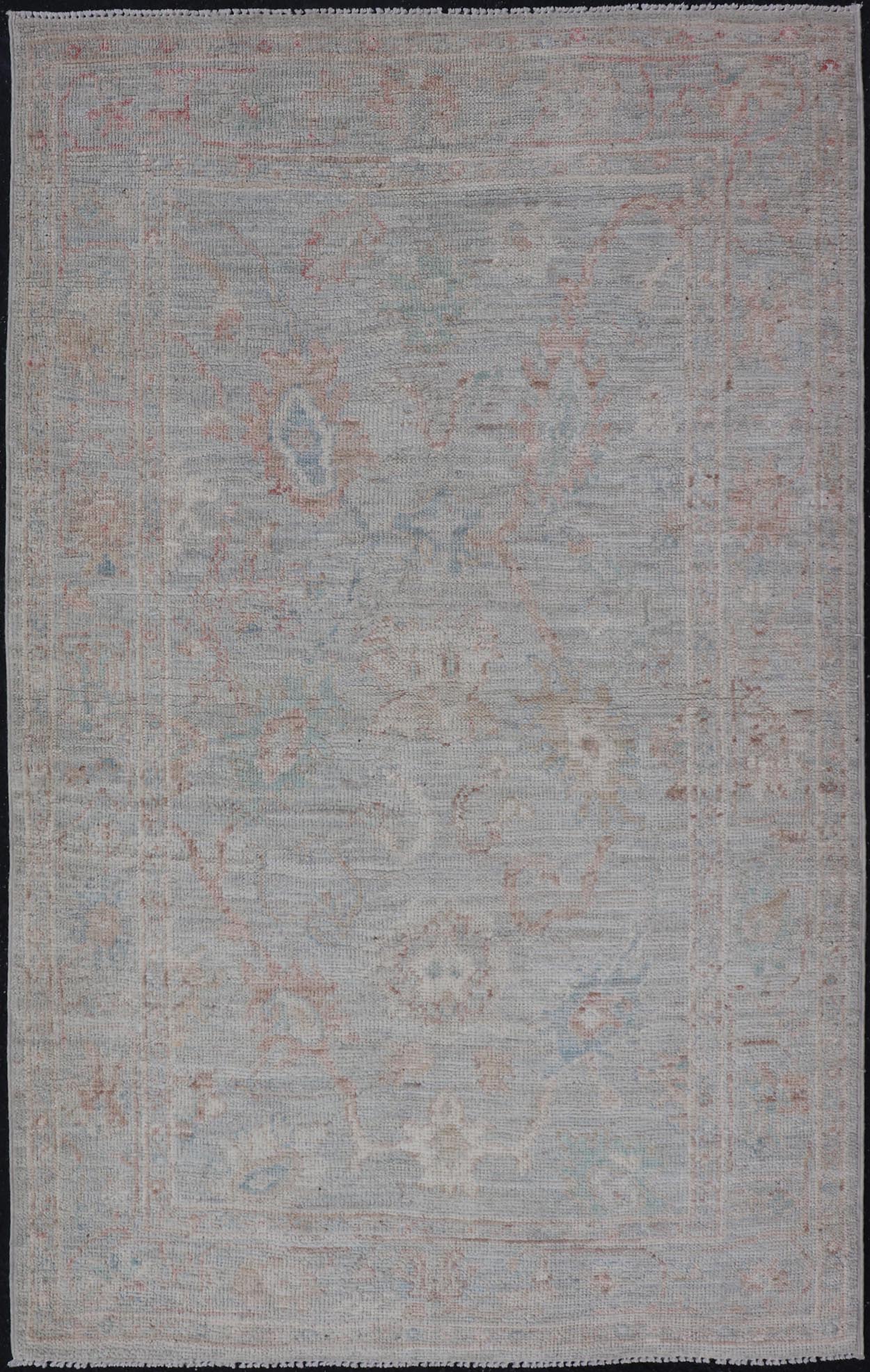Pastel Colored Hand - Knotted Modern Oushak with Light Blue - Gray Background and Pale colors. AWR - 8001 Keivan Woven Arts; rug / AWR - 8001 Country of Origin: Afghanistan Type: Oushak Design: All - Over, Floral. 21st Century Measures: 2'11 x 4'11 Th... - Keivan Woven ArtsAWR - 8001 - 21245Rug