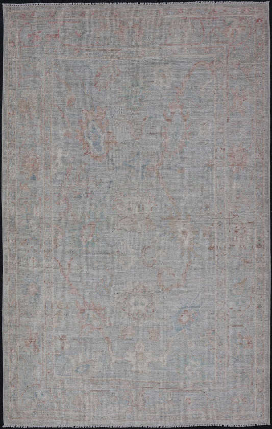 Pastel Colored Hand - Knotted Modern Oushak with Light Blue - Gray Background and Pale colors. AWR - 8001 Keivan Woven Arts; rug / AWR - 8001 Country of Origin: Afghanistan Type: Oushak Design: All - Over, Floral. 21st Century Measures: 2'11 x 4'11 Th... - Keivan Woven ArtsAWR - 8001 - 21245Rug