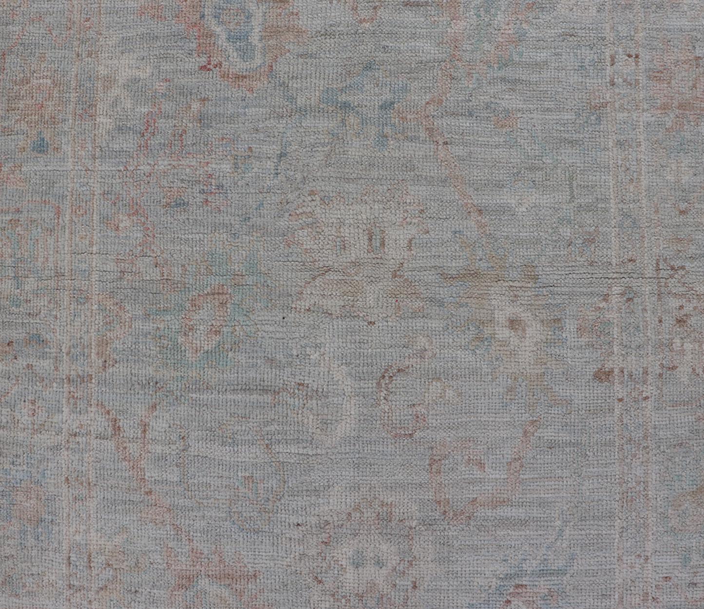 Pastel Colored Hand - Knotted Modern Oushak with Light Blue - Gray Background and Pale colors. AWR - 8001 Keivan Woven Arts; rug / AWR - 8001 Country of Origin: Afghanistan Type: Oushak Design: All - Over, Floral. 21st Century Measures: 2'11 x 4'11 Th... - Keivan Woven ArtsAWR - 8001 - 21245Rug