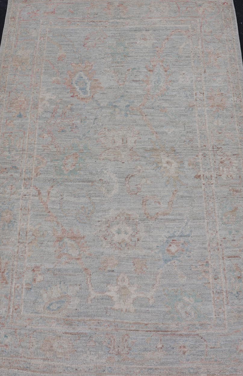 Pastel Colored Hand - Knotted Modern Oushak with Light Blue - Gray Background and Pale colors. AWR - 8001 Keivan Woven Arts; rug / AWR - 8001 Country of Origin: Afghanistan Type: Oushak Design: All - Over, Floral. 21st Century Measures: 2'11 x 4'11 Th... - Keivan Woven ArtsAWR - 8001 - 21245Rug