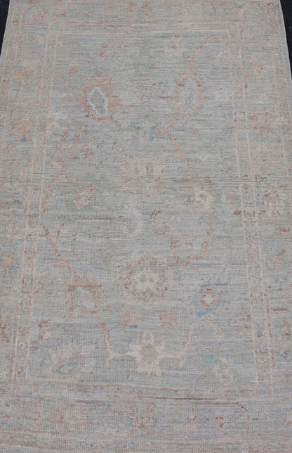Pastel Colored Hand - Knotted Modern Oushak with Light Blue - Gray Background and Pale colors. AWR - 8001 Keivan Woven Arts; rug / AWR - 8001 Country of Origin: Afghanistan Type: Oushak Design: All - Over, Floral. 21st Century Measures: 2'11 x 4'11 Th... - Keivan Woven ArtsAWR - 8001 - 21245Rug