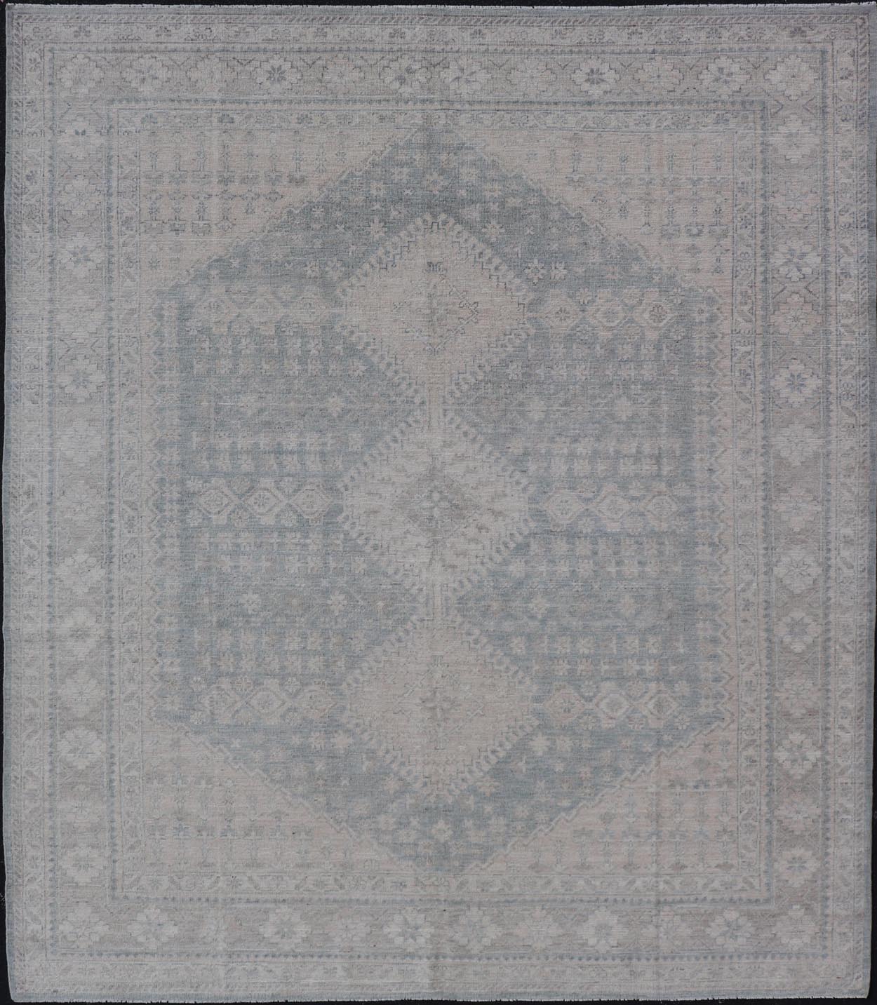 Modern Persian Shiraz Rug with Tribal Design in Light Blue Background and Taupe. Keivan Woven Arts/ rug AWR - 8003 Country of Origin: Afghanistan Type: Shiraz Design: Floral, Medallion Abstract - Tribal Measures: 8' x 9'9 This Shiraz present... - Keivan Woven ArtsAWR - 8003 - 21487Rug