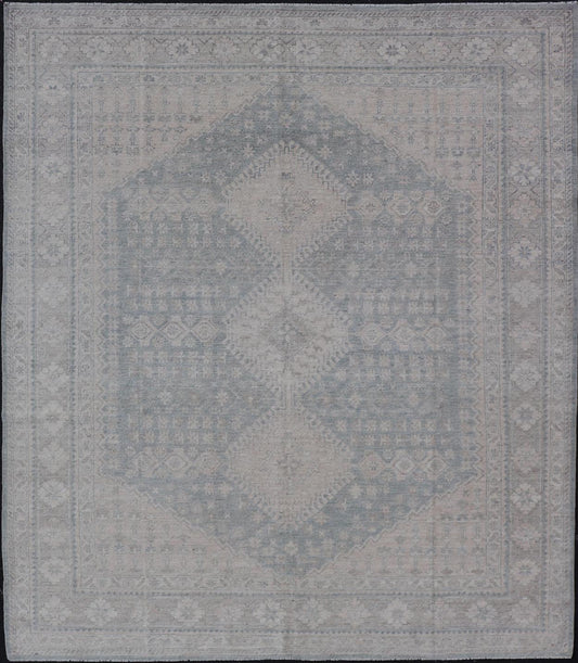 Modern Persian Shiraz Rug with Tribal Design in Light Blue Background and Taupe. Keivan Woven Arts/ rug AWR - 8003 Country of Origin: Afghanistan Type: Shiraz Design: Floral, Medallion Abstract - Tribal Measures: 8' x 9'9 This Shiraz present... - Keivan Woven ArtsAWR - 8003 - 21487Rug