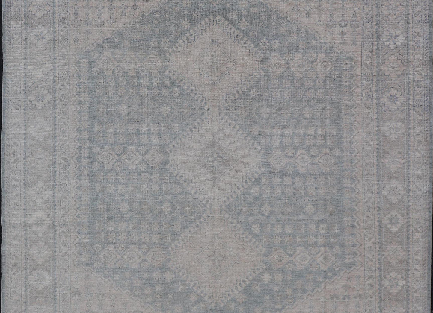 Modern Persian Shiraz Rug with Tribal Design in Light Blue Background and Taupe. Keivan Woven Arts/ rug AWR - 8003 Country of Origin: Afghanistan Type: Shiraz Design: Floral, Medallion Abstract - Tribal Measures: 8' x 9'9 This Shiraz present... - Keivan Woven ArtsAWR - 8003 - 21487Rug