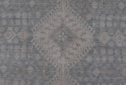 Modern Persian Shiraz Rug with Tribal Design in Light Blue Background and Taupe. Keivan Woven Arts/ rug AWR - 8003 Country of Origin: Afghanistan Type: Shiraz Design: Floral, Medallion Abstract - Tribal Measures: 8' x 9'9 This Shiraz present... - Keivan Woven ArtsAWR - 8003 - 21487Rug