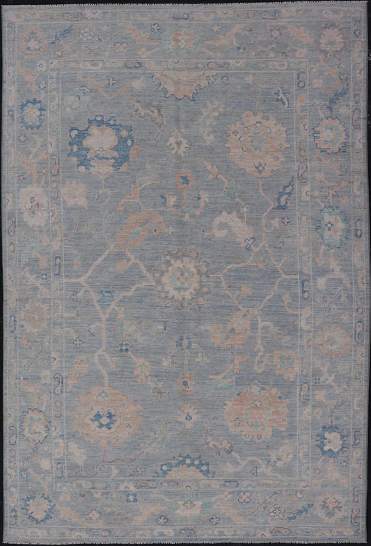 Modern Oushak Rug With in Light Gray Blue Background and All - Over Floral Motifs Modern Oushak Rug Keivan Woven Arts; rug AWR - 8052 Country of Origin: Afghanistan Type: Oushak Design: All - Over, Floral Measures: 5'11 x 9'1 Hand - Knotted in ... - Keivan Woven ArtsAWR - 8052 - 21251Rug