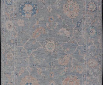 Modern Oushak Rug With in Light Gray Blue Background and All - Over Floral Motifs Modern Oushak Rug Keivan Woven Arts; rug AWR - 8052 Country of Origin: Afghanistan Type: Oushak Design: All - Over, Floral Measures: 5'11 x 9'1 Hand - Knotted in ... - Keivan Woven ArtsAWR - 8052 - 21251Rug