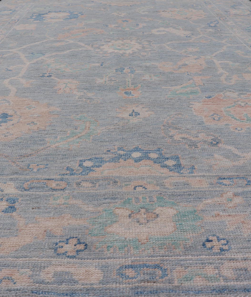 Modern Oushak Rug With in Light Gray Blue Background and All - Over Floral Motifs Modern Oushak Rug Keivan Woven Arts; rug AWR - 8052 Country of Origin: Afghanistan Type: Oushak Design: All - Over, Floral Measures: 5'11 x 9'1 Hand - Knotted in ... - Keivan Woven ArtsAWR - 8052 - 21251Rug