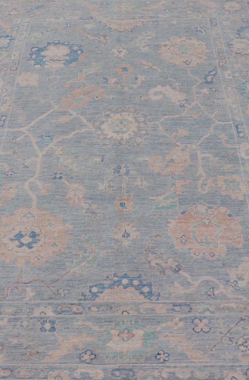 Modern Oushak Rug With in Light Gray Blue Background and All - Over Floral Motifs Modern Oushak Rug Keivan Woven Arts; rug AWR - 8052 Country of Origin: Afghanistan Type: Oushak Design: All - Over, Floral Measures: 5'11 x 9'1 Hand - Knotted in ... - Keivan Woven ArtsAWR - 8052 - 21251Rug