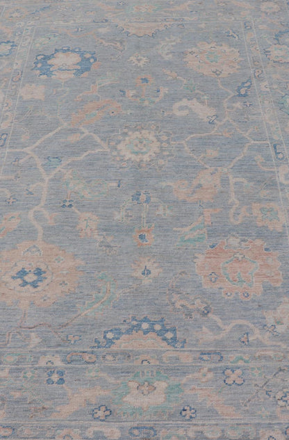 Modern Oushak Rug With in Light Gray Blue Background and All - Over Floral Motifs Modern Oushak Rug Keivan Woven Arts; rug AWR - 8052 Country of Origin: Afghanistan Type: Oushak Design: All - Over, Floral Measures: 5'11 x 9'1 Hand - Knotted in ... - Keivan Woven ArtsAWR - 8052 - 21251Rug