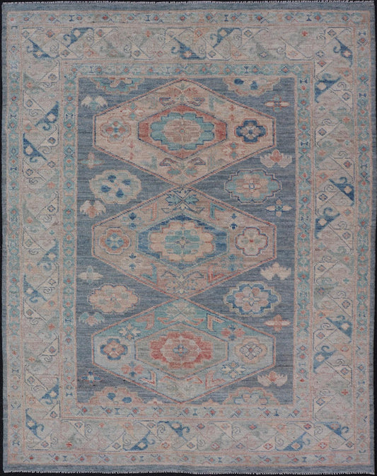 Modern Oushak With Three Large Medallion Design on a Blue - Gray Field. Keivan Woven Arts; rug AWR - 8184 Country of Origin: Afghanistan Type: Oushak Circa 2020 Measures: 5'2 x 7'0 This modern Oushak features large medallions in the center of a blu... - Keivan Woven ArtsAWR - 8184 - 21263Rug