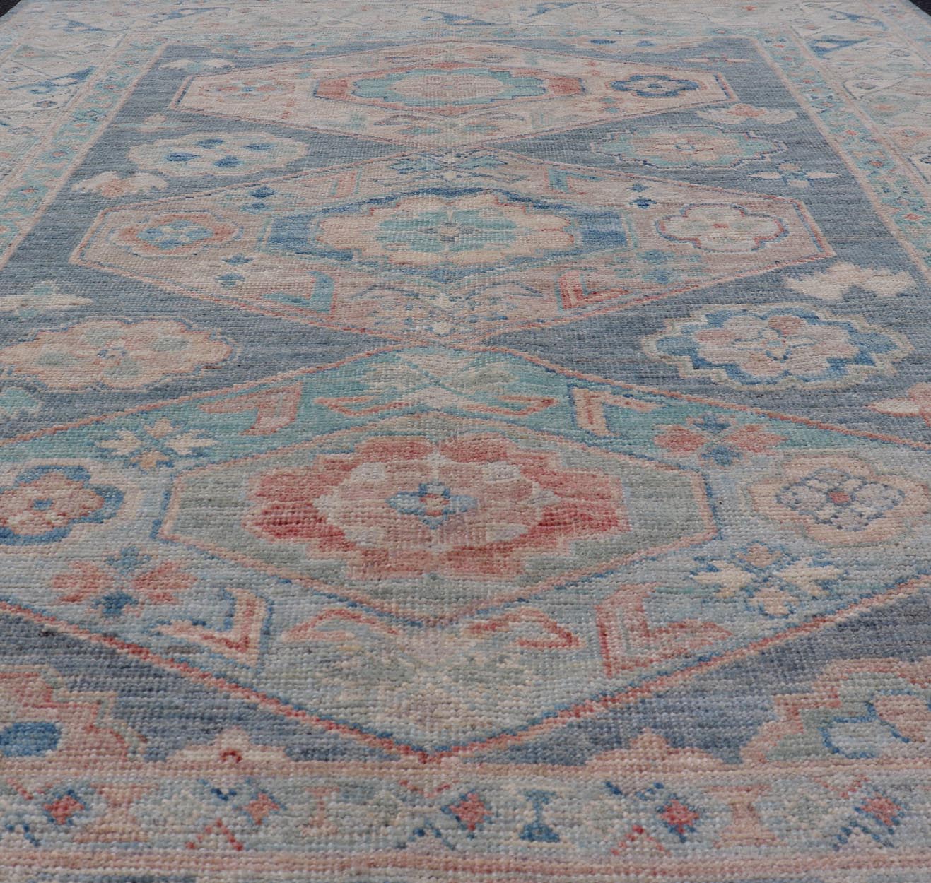 Modern Oushak With Three Large Medallion Design on a Blue - Gray Field. Keivan Woven Arts; rug AWR - 8184 Country of Origin: Afghanistan Type: Oushak Circa 2020 Measures: 5'2 x 7'0 This modern Oushak features large medallions in the center of a blu... - Keivan Woven ArtsAWR - 8184 - 21263Rug