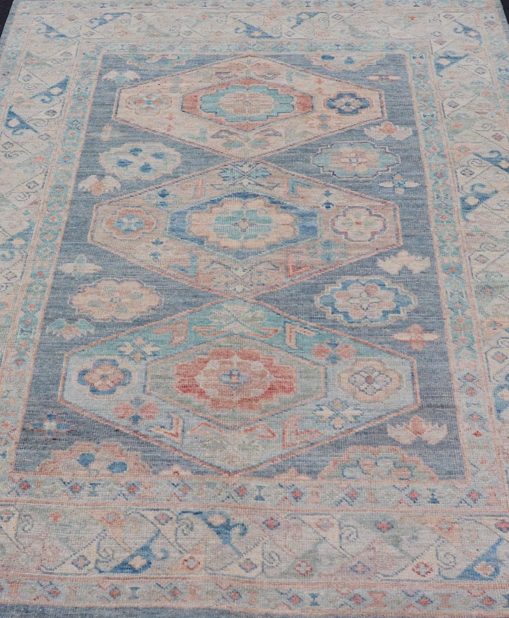 Modern Oushak With Three Large Medallion Design on a Blue - Gray Field. Keivan Woven Arts; rug AWR - 8184 Country of Origin: Afghanistan Type: Oushak Circa 2020 Measures: 5'2 x 7'0 This modern Oushak features large medallions in the center of a blu... - Keivan Woven ArtsAWR - 8184 - 21263Rug