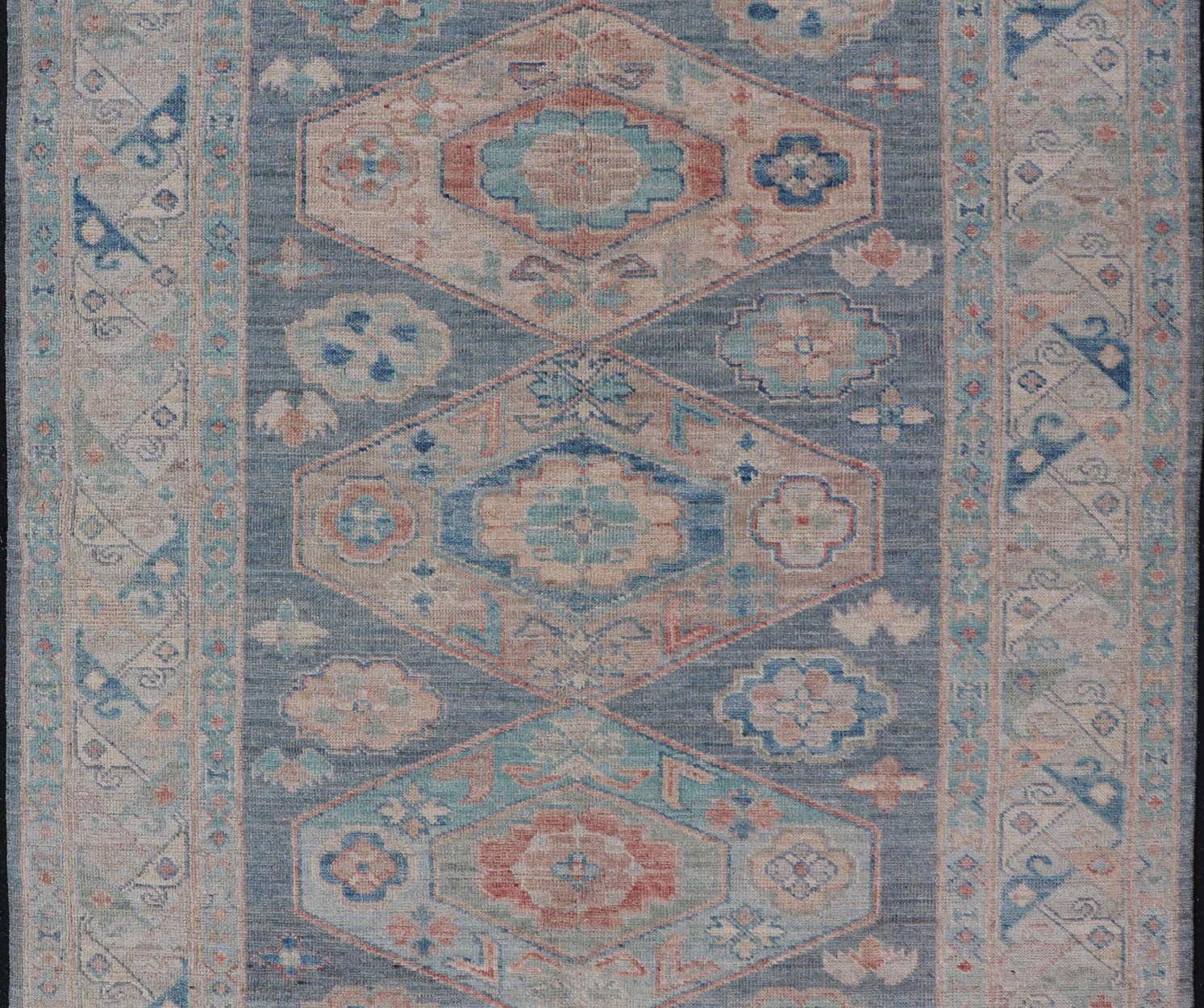 Modern Oushak With Three Large Medallion Design on a Blue - Gray Field. Keivan Woven Arts; rug AWR - 8184 Country of Origin: Afghanistan Type: Oushak Circa 2020 Measures: 5'2 x 7'0 This modern Oushak features large medallions in the center of a blu... - Keivan Woven ArtsAWR - 8184 - 21263Rug