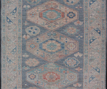 Modern Oushak With Three Large Medallion Design on a Blue - Gray Field. Keivan Woven Arts; rug AWR - 8184 Country of Origin: Afghanistan Type: Oushak Circa 2020 Measures: 5'2 x 7'0 This modern Oushak features large medallions in the center of a blu... - Keivan Woven ArtsAWR - 8184 - 21263Rug