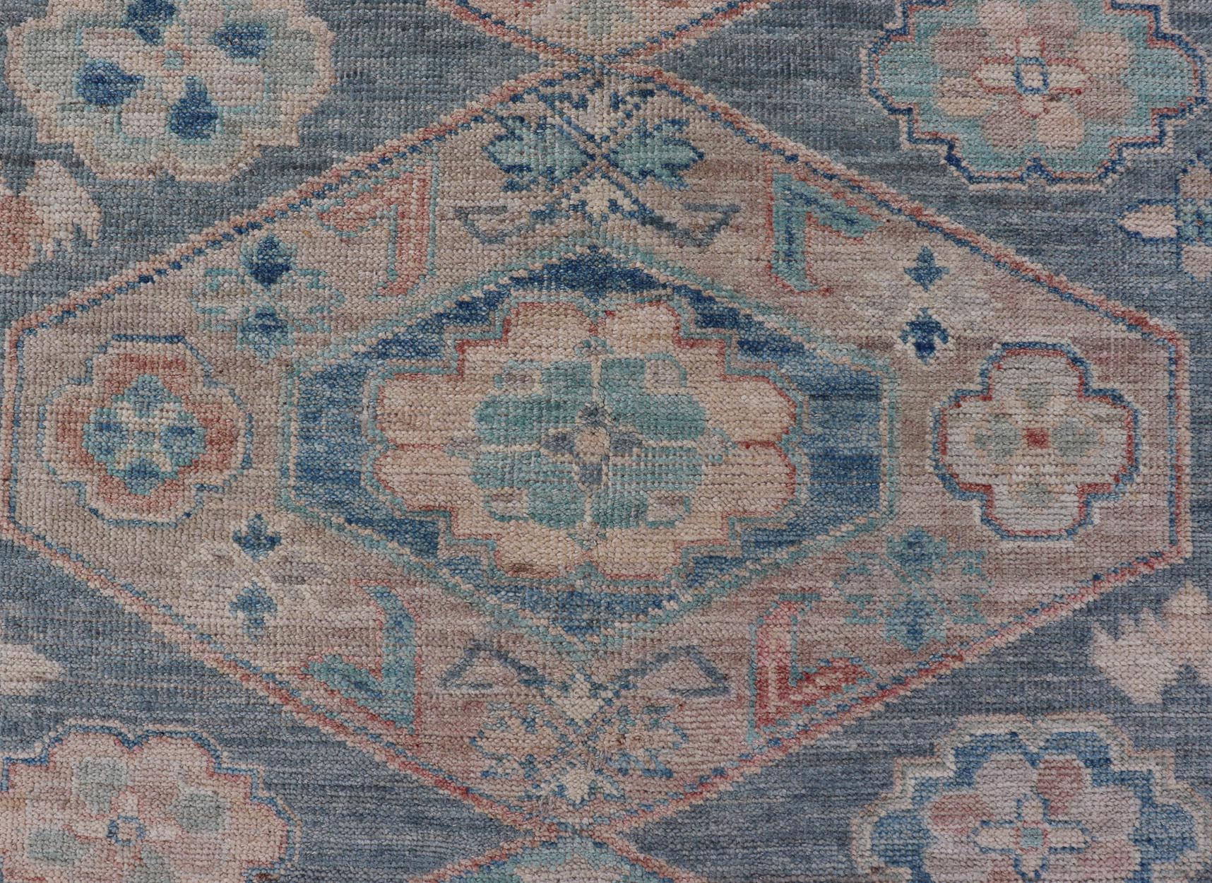 Modern Oushak With Three Large Medallion Design on a Blue - Gray Field. Keivan Woven Arts; rug AWR - 8184 Country of Origin: Afghanistan Type: Oushak Circa 2020 Measures: 5'2 x 7'0 This modern Oushak features large medallions in the center of a blu... - Keivan Woven ArtsAWR - 8184 - 21263Rug