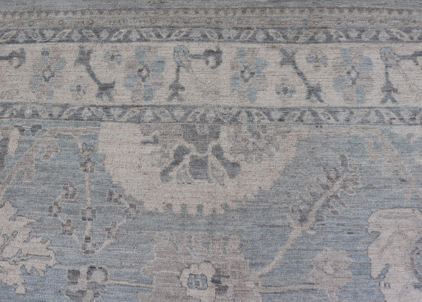 Modern Oushak with Floral and Tribal Motifs with Cream, Gray and Powder Blue. Keivan Woven Arts; rug AWR - 8234 Country of Origin: Afghanistan Type: Oushak Design: Floral, All - Over Abstract - Tribal 21st Century Measures: 9'11 x 13'10 This moder... - Keivan Woven ArtsAWR - 8234 - 21227Rug