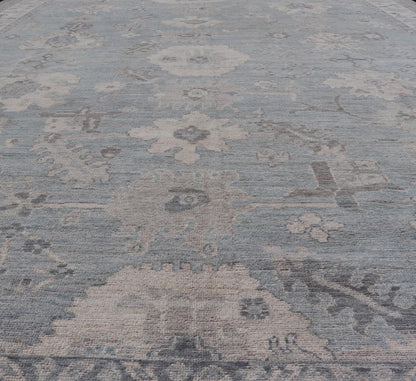 Modern Oushak with Floral and Tribal Motifs with Cream, Gray and Powder Blue. Keivan Woven Arts; rug AWR - 8234 Country of Origin: Afghanistan Type: Oushak Design: Floral, All - Over Abstract - Tribal 21st Century Measures: 9'11 x 13'10 This moder... - Keivan Woven ArtsAWR - 8234 - 21227Rug