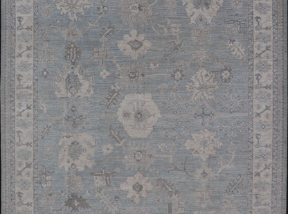 Modern Oushak with Floral and Tribal Motifs with Cream, Gray and Powder Blue. Keivan Woven Arts; rug AWR - 8234 Country of Origin: Afghanistan Type: Oushak Design: Floral, All - Over Abstract - Tribal 21st Century Measures: 9'11 x 13'10 This moder... - Keivan Woven ArtsAWR - 8234 - 21227Rug