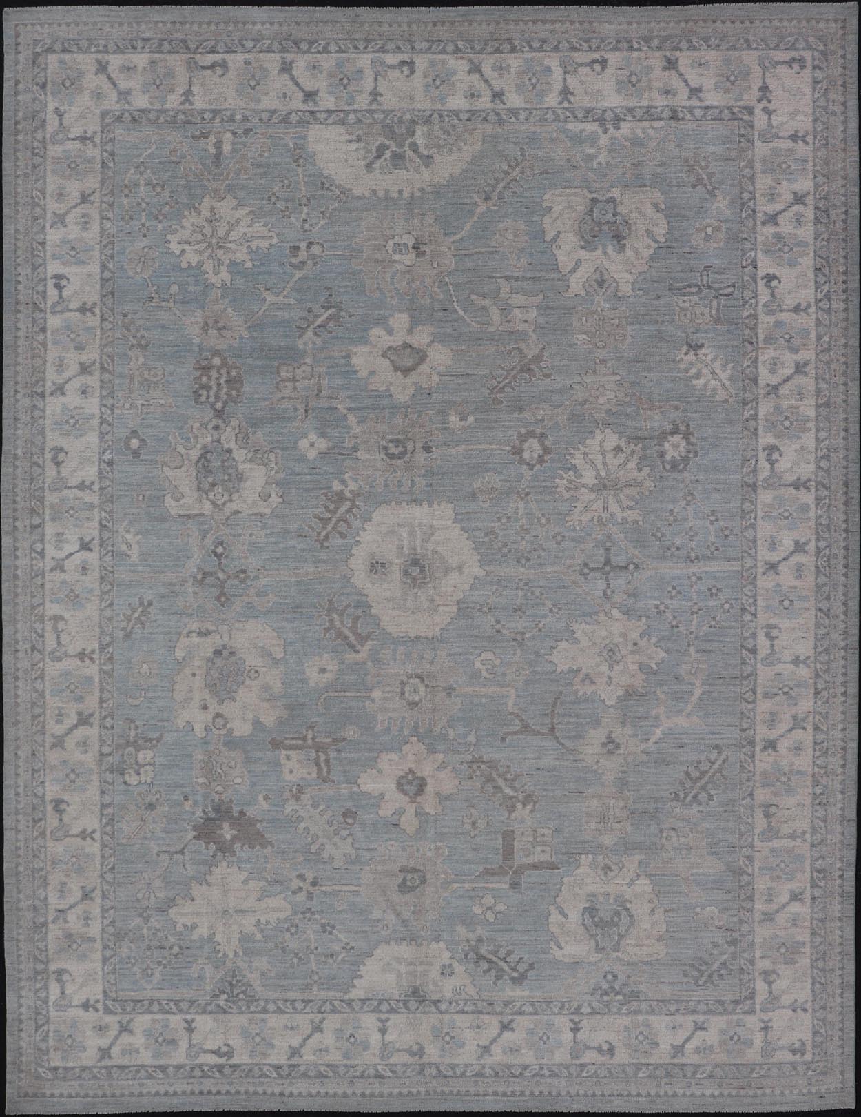 Modern Oushak with Floral and Tribal Motifs with Cream, Gray and Powder Blue. Keivan Woven Arts; rug AWR - 8234 Country of Origin: Afghanistan Type: Oushak Design: Floral, All - Over Abstract - Tribal 21st Century Measures: 9'11 x 13'10 This moder... - Keivan Woven ArtsAWR - 8234 - 21227Rug