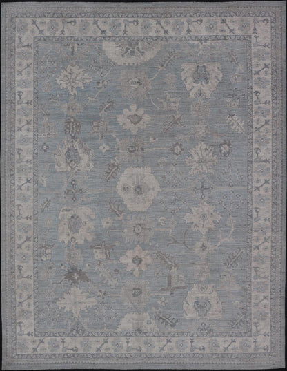 Modern Oushak with Floral and Tribal Motifs with Cream, Gray and Powder Blue. Keivan Woven Arts; rug AWR - 8234 Country of Origin: Afghanistan Type: Oushak Design: Floral, All - Over Abstract - Tribal 21st Century Measures: 9'11 x 13'10 This moder... - Keivan Woven ArtsAWR - 8234 - 21227Rug