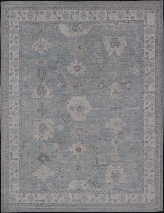 Modern Oushak with Floral and Tribal Motifs with Cream, Gray and Powder Blue. Keivan Woven Arts; rug AWR - 8234 Country of Origin: Afghanistan Type: Oushak Design: Floral, All - Over Abstract - Tribal 21st Century Measures: 9'11 x 13'10 This moder... - Keivan Woven ArtsAWR - 8234 - 21227Rug
