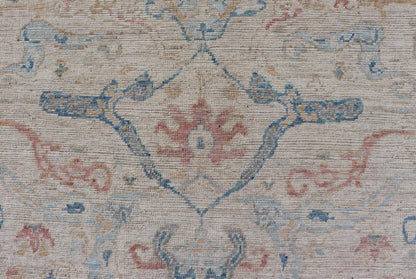 All - Over Hand Knotted Oushak Rug with Arabesque Design in Ivory and Blue Tones Hand knotted Oushak made in wool with a field is backed by a ivory color, with a light blue border, etched with elegant golden/brown branches. The arabesque - like des... - Keivan Woven ArtsAWR - 8252 - 21403Rug