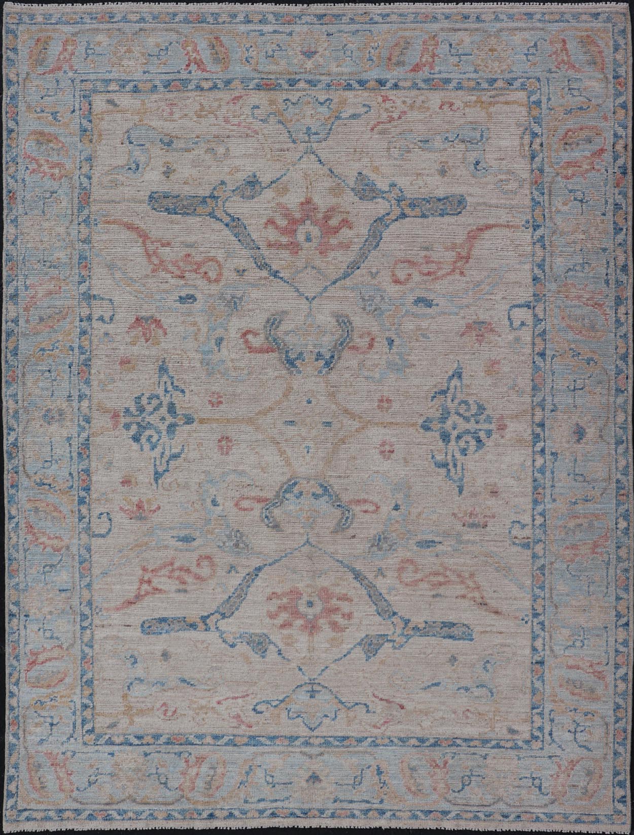 All - Over Hand Knotted Oushak Rug with Arabesque Design in Ivory and Blue Tones Hand knotted Oushak made in wool with a field is backed by a ivory color, with a light blue border, etched with elegant golden/brown branches. The arabesque - like des... - Keivan Woven ArtsAWR - 8252 - 21403Rug