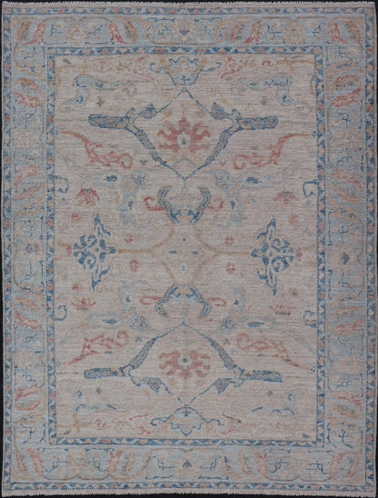 All - Over Hand Knotted Oushak Rug with Arabesque Design in Ivory and Blue Tones Hand knotted Oushak made in wool with a field is backed by a ivory color, with a light blue border, etched with elegant golden/brown branches. The arabesque - like des... - Keivan Woven ArtsAWR - 8252 - 21403Rug