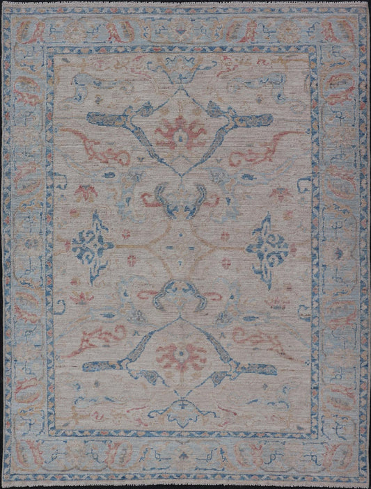 All - Over Hand Knotted Oushak Rug with Arabesque Design in Ivory and Blue Tones Hand knotted Oushak made in wool with a field is backed by a ivory color, with a light blue border, etched with elegant golden/brown branches. The arabesque - like des... - Keivan Woven ArtsAWR - 8252 - 21403Rug