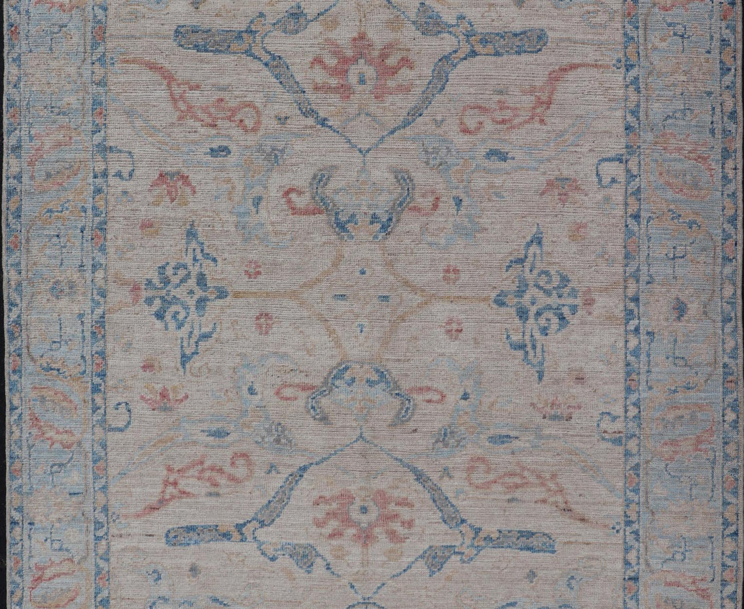 All - Over Hand Knotted Oushak Rug with Arabesque Design in Ivory and Blue Tones Hand knotted Oushak made in wool with a field is backed by a ivory color, with a light blue border, etched with elegant golden/brown branches. The arabesque - like des... - Keivan Woven ArtsAWR - 8252 - 21403Rug
