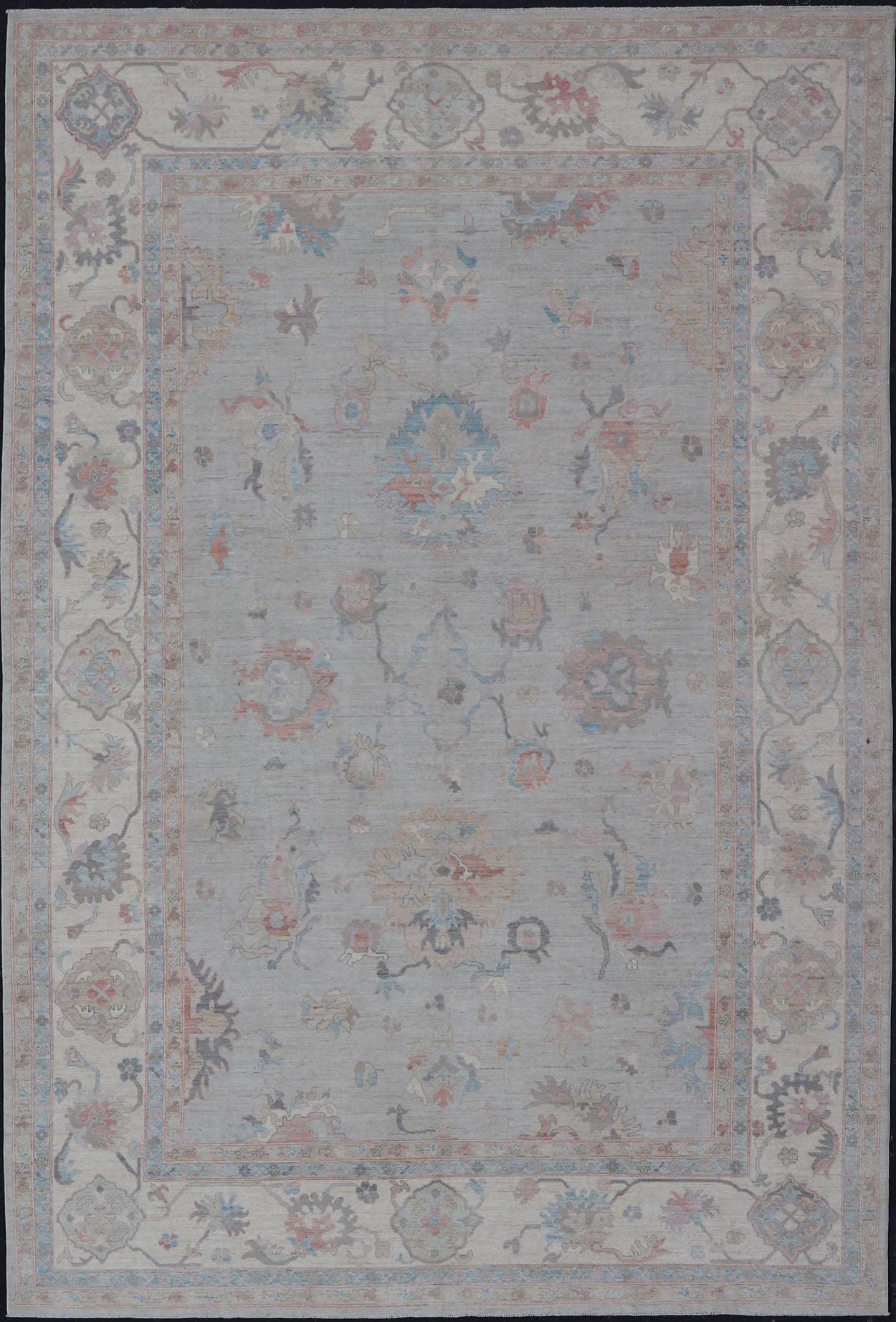 Large Oushak Rug with Floral Motifs & Muted Colorful Tones on Neutral Background, Large Modern Oushak Rug. Large Oushak Rug with Floral Motifs & Muted Colorful Tones on Neutral Background and Silver Gray. Keivan Woven Arts; rug AWR - 8347 Country... - Keivan Woven ArtsAWR - 8347 - 21337Rug