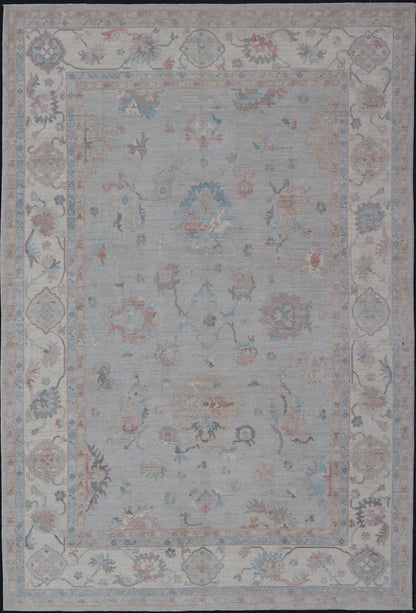 Large Oushak Rug with Floral Motifs & Muted Colorful Tones on Neutral Background, Large Modern Oushak Rug. Large Oushak Rug with Floral Motifs & Muted Colorful Tones on Neutral Background and Silver Gray. Keivan Woven Arts; rug AWR - 8347 Country... - Keivan Woven ArtsAWR - 8347 - 21337Rug