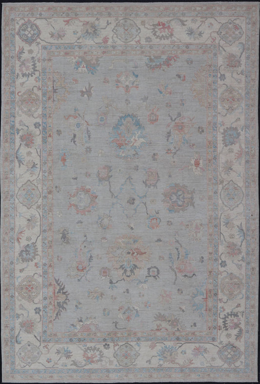 Large Oushak Rug with Floral Motifs & Muted Colorful Tones on Neutral Background, Large Modern Oushak Rug. Large Oushak Rug with Floral Motifs & Muted Colorful Tones on Neutral Background and Silver Gray. Keivan Woven Arts; rug AWR - 8347 Country... - Keivan Woven ArtsAWR - 8347 - 21337Rug